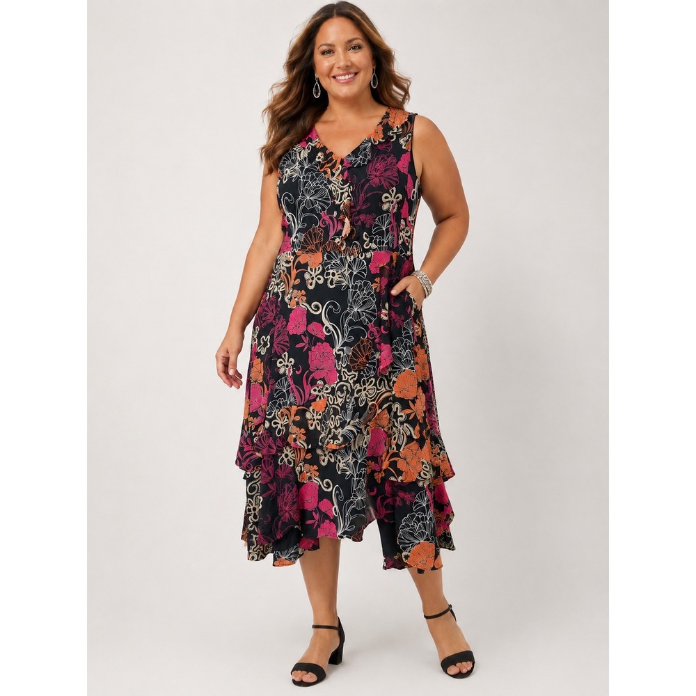 Chico's Floral Tiered Midi Dress Size US 16P Sleeveless Ruffle Navy Pink